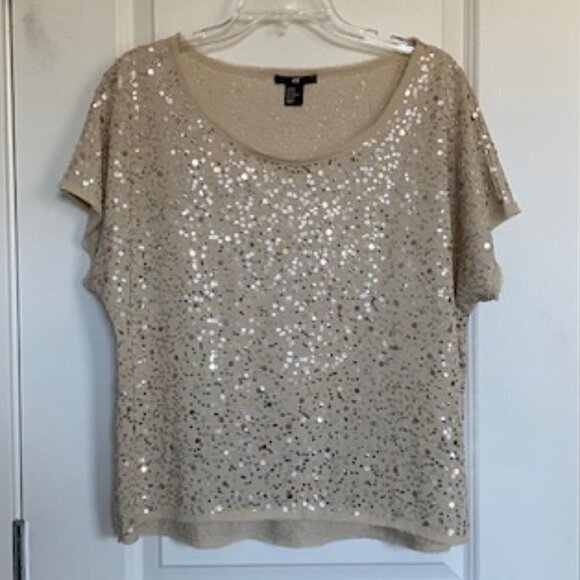 H and M Ivory Sequin Short Sleeve Boxy Blouse Top Medium - Picture 2 of 16